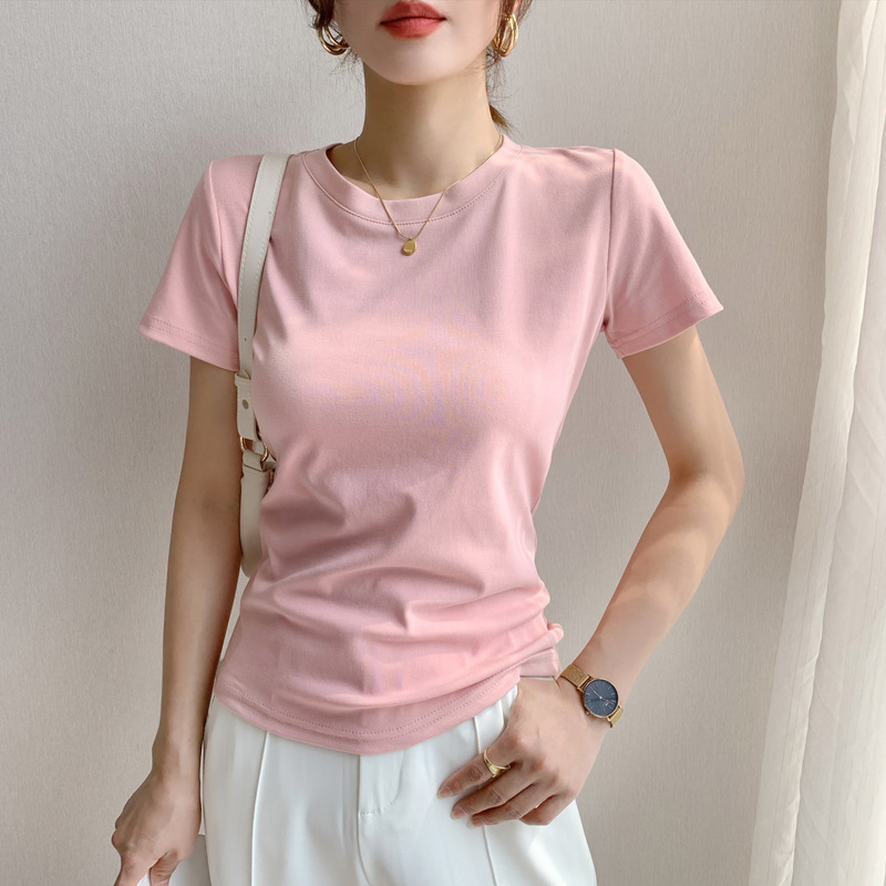 女性のための白い半袖右肩 Tシャツ 2025 夏の新しいラウンドネックスリムフィット Tシャツトップ|undefined
