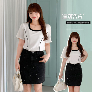 Dark Metal Rivet Hot Drilling Decoration Denim Skirt Women's plus size chubby girl High Waist Slimming Hip Skirt 62942