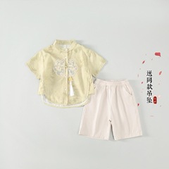 男の子の新しい中国式の漢服のスーツの夏の2025新型の中国風の歳のドレスの男の子の刺繍の唐の服の薄い金