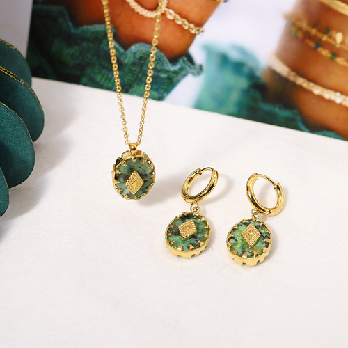 Foreign trade African turquoise pendant earrings and necklace set European and American INS style 18K gold-plated titanium steel retro earrings for women