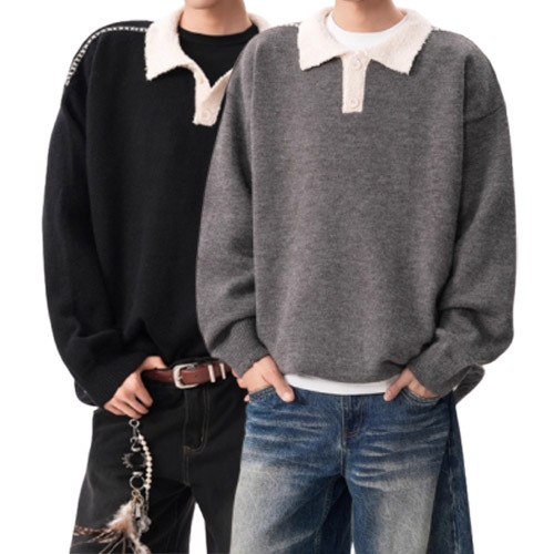 Explosiones transfronterizas de tamaño europeo de tamaño grande polo camiseta collar color mosaico camiseta de punto suéter hombre viejo viento otoño invierno fábrica al por mayor