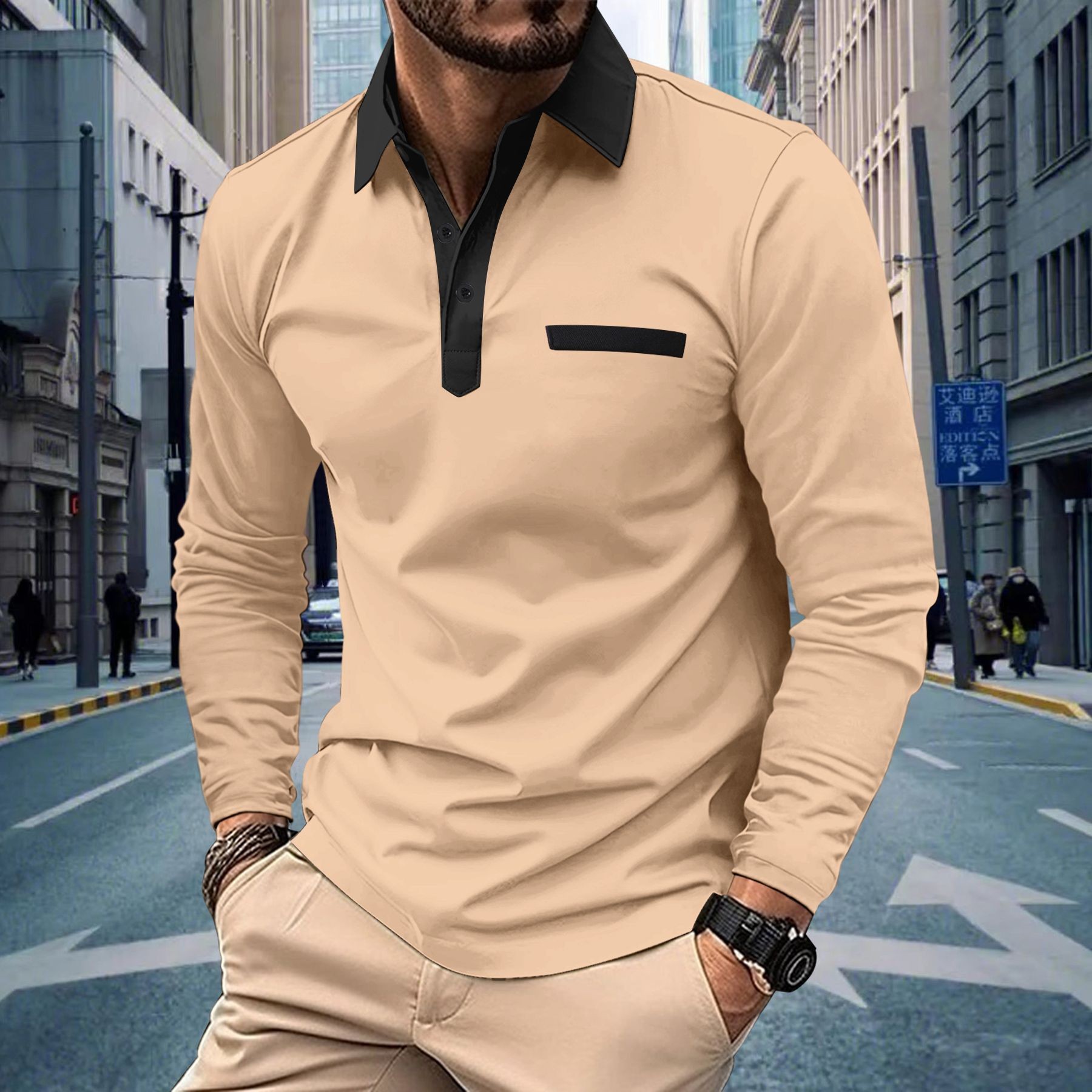 Herren Langarm Poloshirt Mit Button-down-kragen Und Color-block_voghion.com