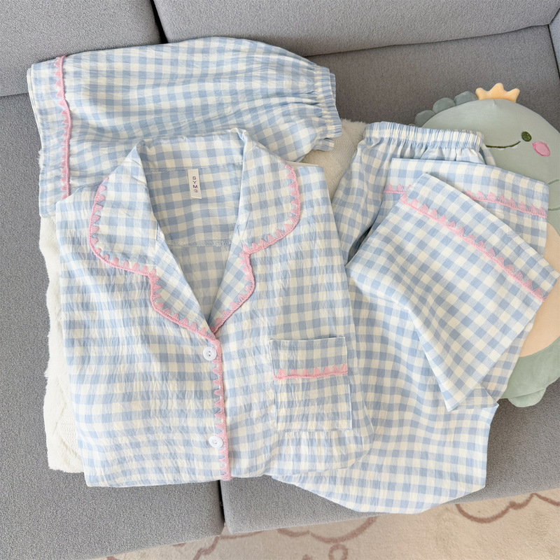 New Trendy Blue Checkered Large-Size Cloud Cotton Pajamas for Women, Spring and Summer Style, Casual, Can Be Worn Outside, Three-Piece Set, Home Clothing
