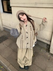 美式牛角扣开衫毛衣女秋冬美拉德慵懒风宽松小众兔耳朵外套图片色