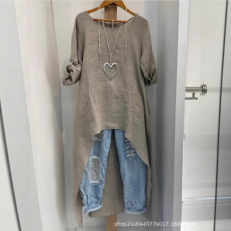 Women's Linen Irregular Long Top, Round Neck Loose Shirt, Short in Front and Long in Back, Versatile Loose-Fit Shirt