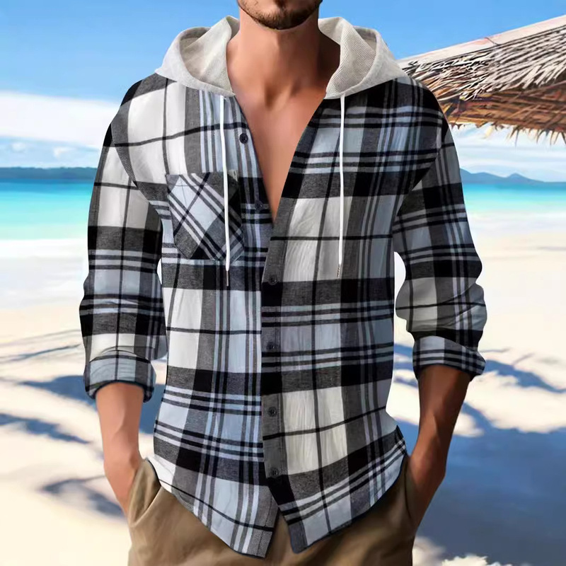 Cross-border Amazon wish spring and autumn hot flannel plaid hooded street casual men's shirt plus size
