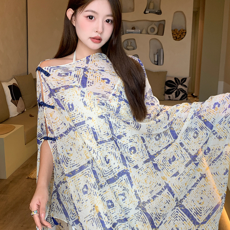 女性用夏の日焼け止め薄いショール、カラフルなストライプのボタン付きエスニックスタイルの旅行着用シルクスカーフ、海辺のビーチガーゼスカーフ|undefined