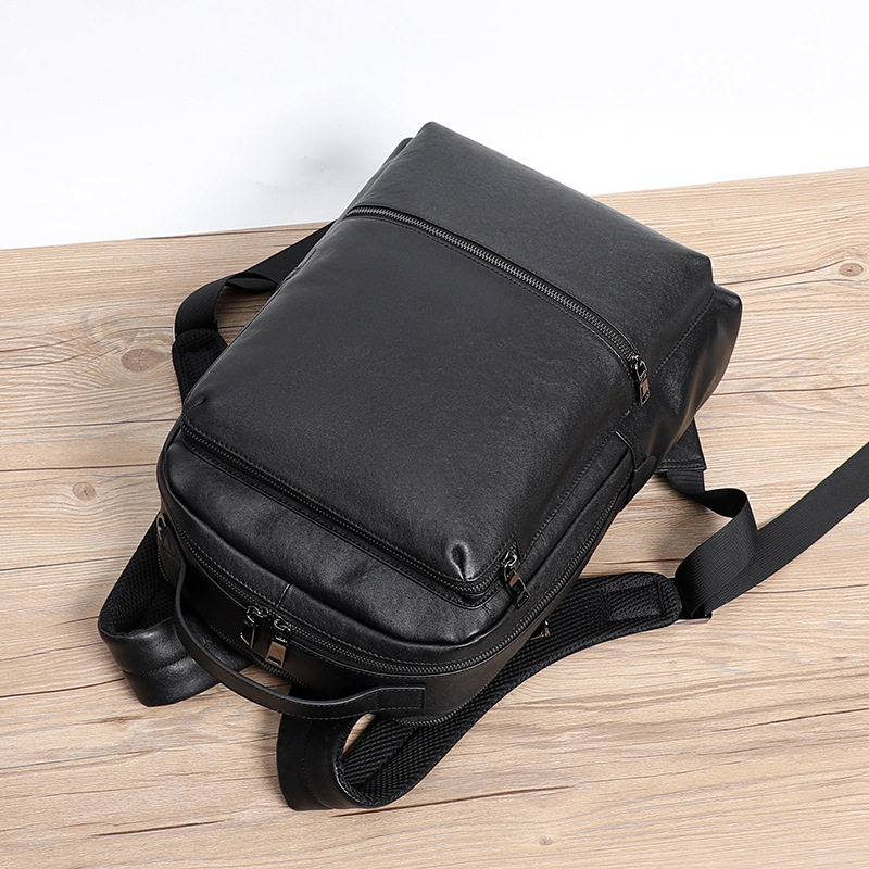 Ba lô da bò lớp đầu nam 15.6 inch công sở, ba lô laptop du lịch 32×12×42 cm — Màu đen