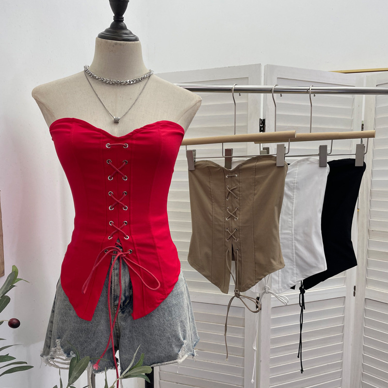 Real Shot of an American-Style Spicy Girl's Sleeveless, Tight-Fitting, Short Tube Top with Anti-Slip Straps and Bow Tie 8150 Real Shot of an American-Style Spicy Girl's Sleeveless, Tight-Fitting, Short Tube Top with Anti-Slip Straps and Bow Tie 8150