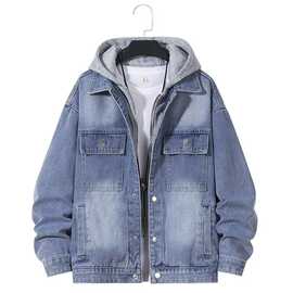 2025秋新款青少年牛仔休闲连帽夹克上衣男士假两件外套男帅气潮棉