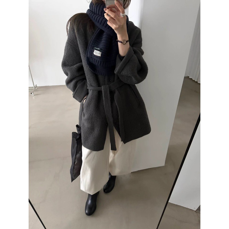 Now Korea Dongdaemun Generation 2025 Winter Room Elegant Round Neck Single-Breasted Woolen Belt Outwear Jacket