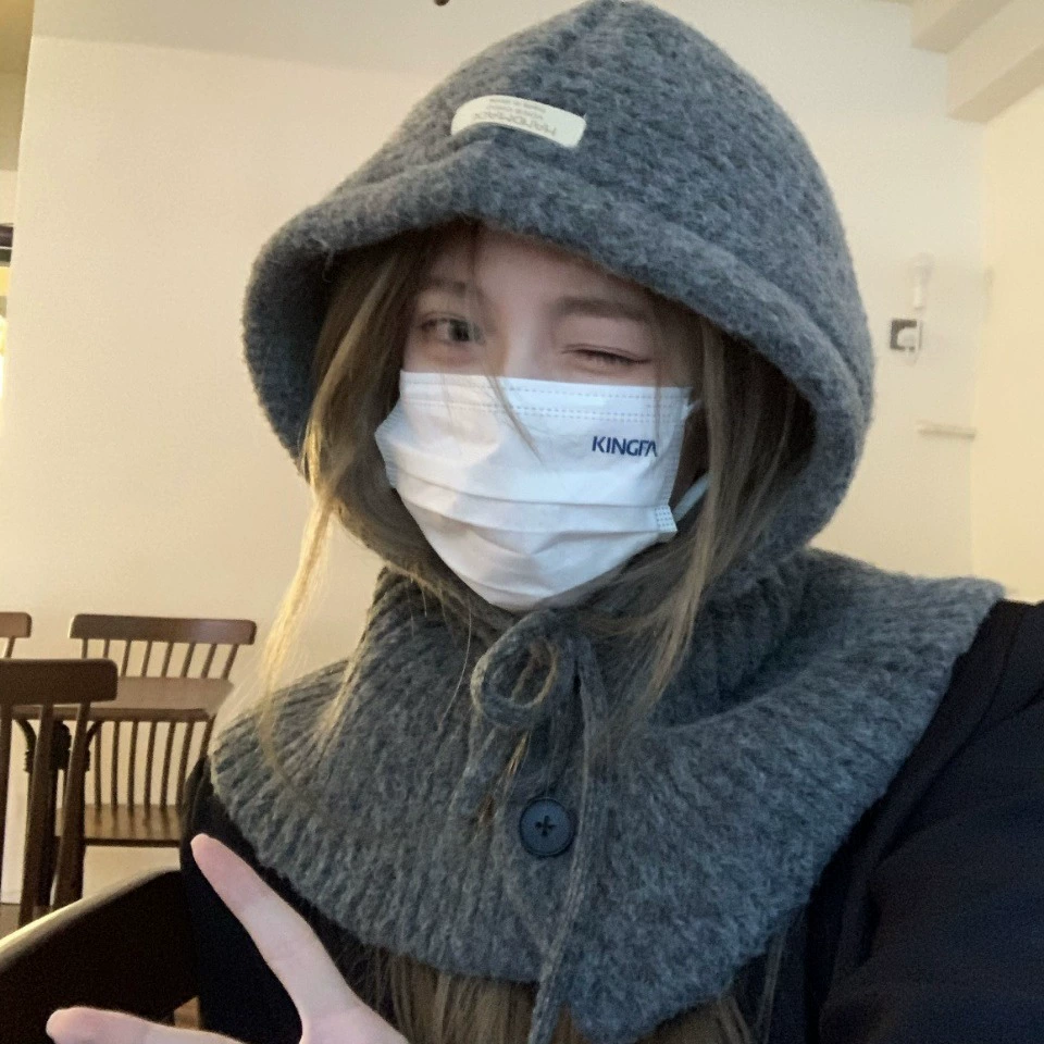 Южная Корея Балаклава Шапка Женская осенне-зимняя теплая вязаная шапка Нагрудник Интегрированная ветрозащитная шерстяная пуловер Кепка для верховой езды