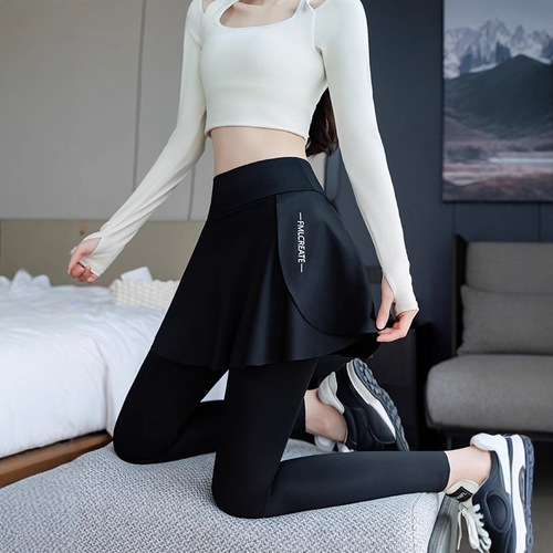 Women's False Two-Piece Fitness Pants, Non-Slip, Fitted, Slimming, Elastic Yoga Pants, Half Skirt, Professional Running Sport Pants