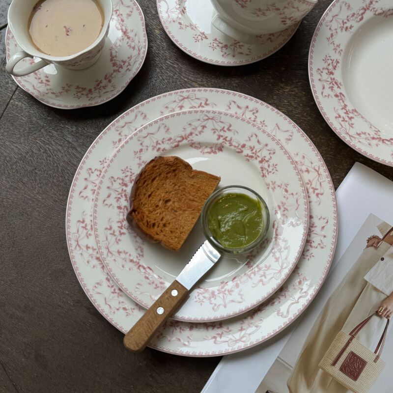 French Middle Pink Bow suit Ceramic Middle Style Breakfast Plate Sweet Plate Cake Plate Wholesale