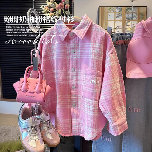 Women's Long-Sleeve Spring and Autumn 2025 New Arrival Korean-Style Checkered Stylish Collared Top Children's Shirt Outerwear