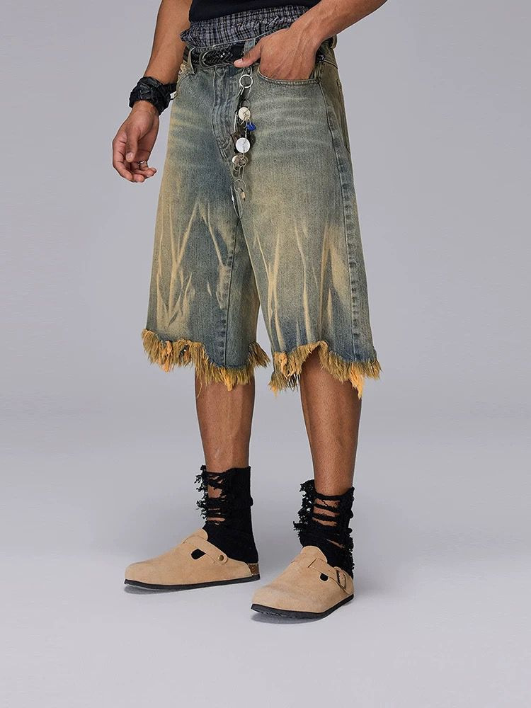 Men's Washed Denim Shorts Trendy Brand Loose Fit Cropped Style Distressed Finish Yellow Mud Dye Summer Casual Clothing_mkmklike.com