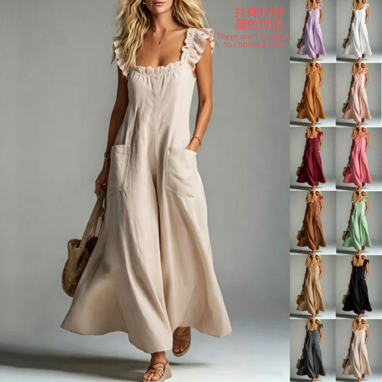 2026 Summer Women's European and American Style Vest Dress with Ruffled Edges, Fashionable and Elegant, Unique Patchwork Pocket Casual Dress