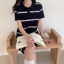 2026春新品女装POLO领短袖条纹短裙直筒T恤连衣裙显瘦休闲衣