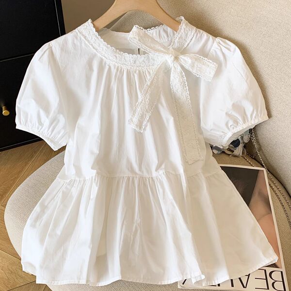 White lace summer shirt with bow