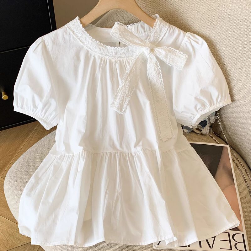 新しい白いリボンレースパフスリーブシャツ女性の夏のデザインプリーツストラップシャツ女性のトップス夏|undefined