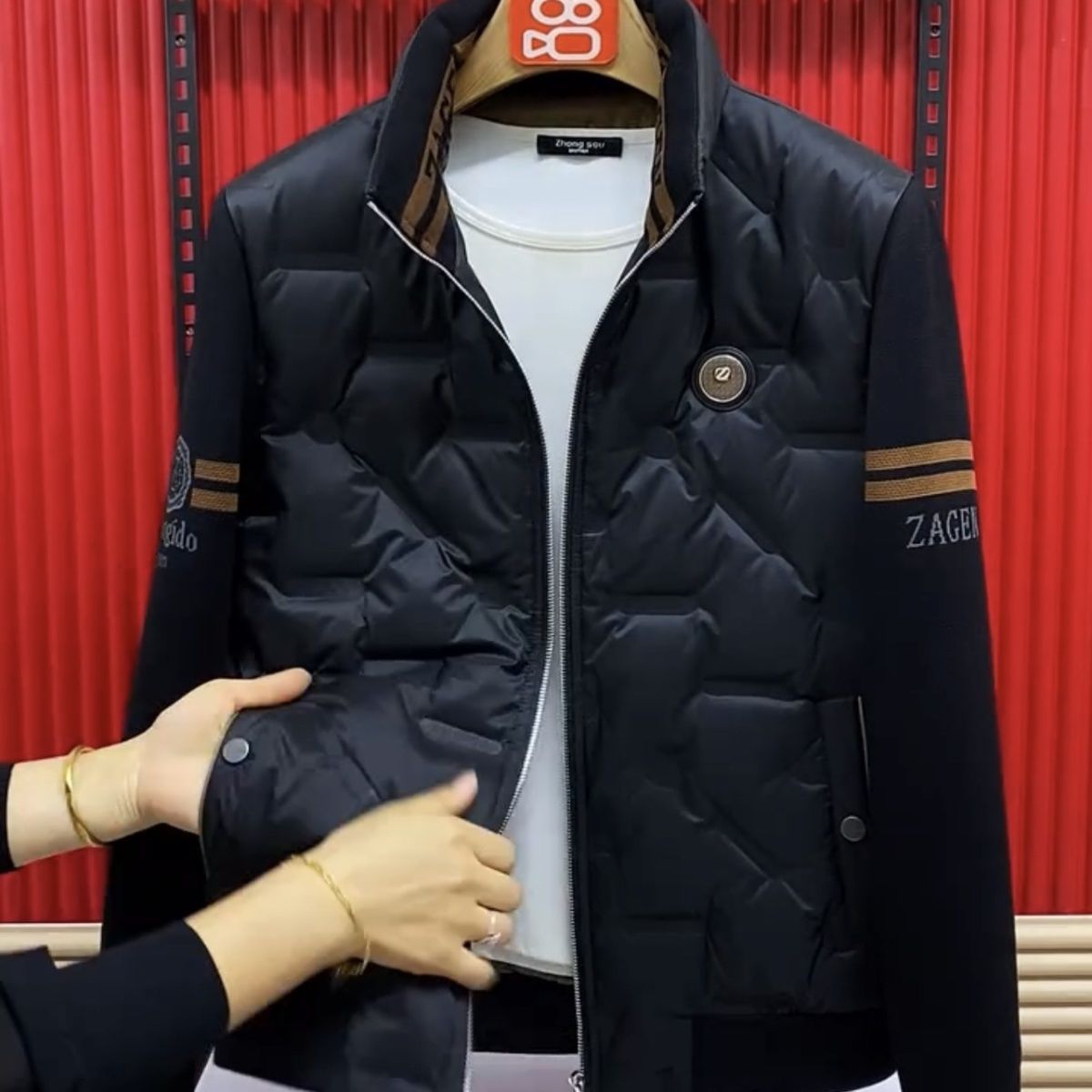 冬季快手同款男士新款立领针织拼接羽绒服鸭绒保暖时尚外套好