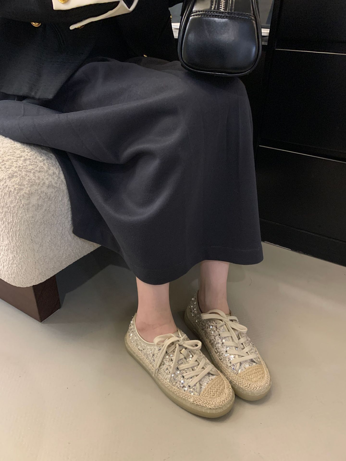 French-style High-end Straw-woven Thick-soled Lace-up Sequined Fisherman For Women, Slip-on Loafers, Fashionable Casual_vogvips.com