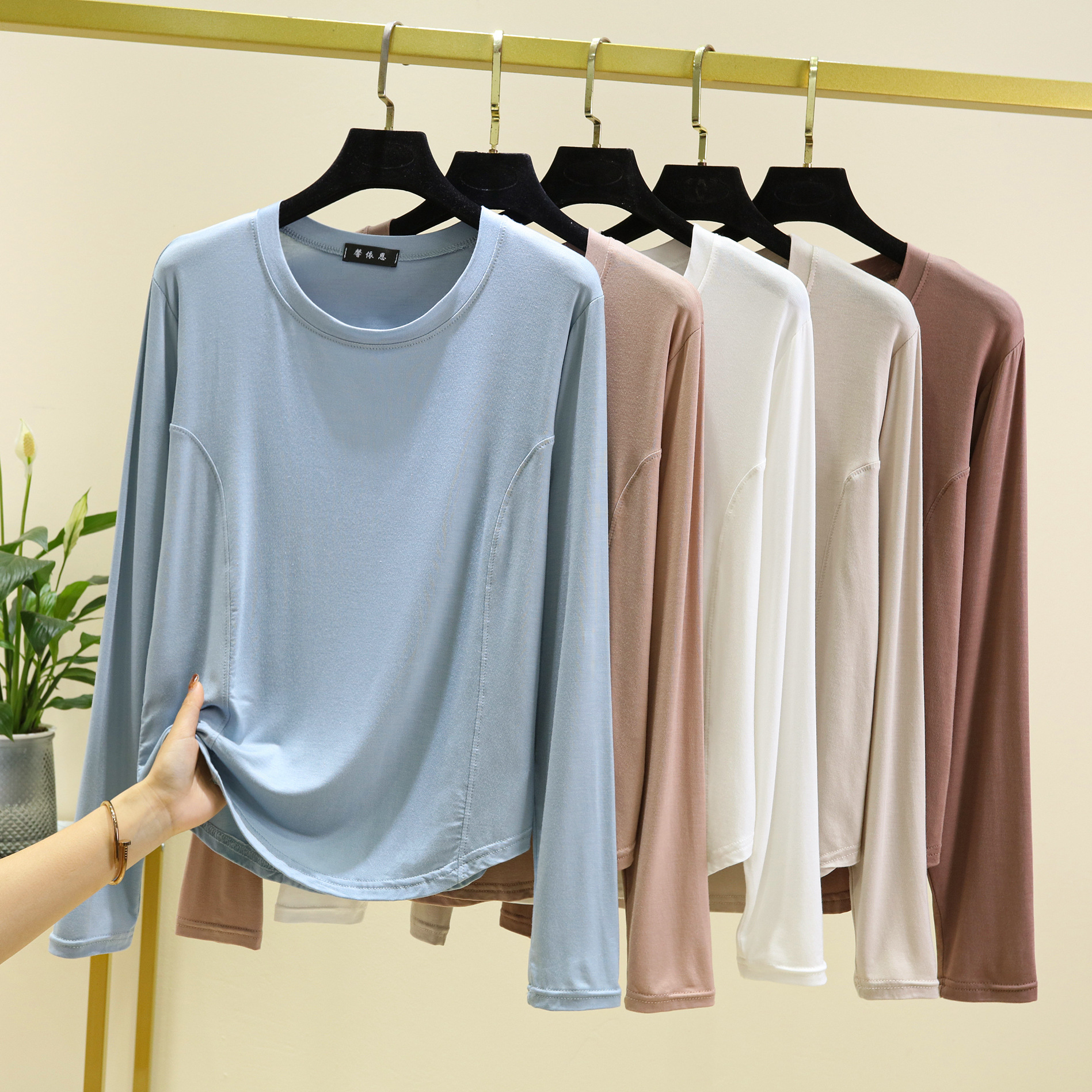 Modal Women's plus size Round Neck Long-Sleeved T-Shirt Spring and Autumn Thin Long-Sleeved Inner Base Shirt Casual Outer Wear Top