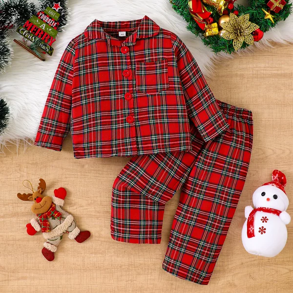 Christmas Boys and Girls Suit 2025 Plaid Lapel Pajamas Suit Long-Sleeved Infant and Toddler Home Clothes