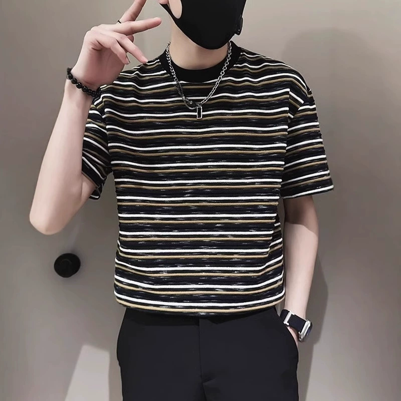 Высококачественная мужская летняя модная брендовая футболка с короткими рукавами и контрастными цветными полосками, новинка 2025 года, мужские летние топы