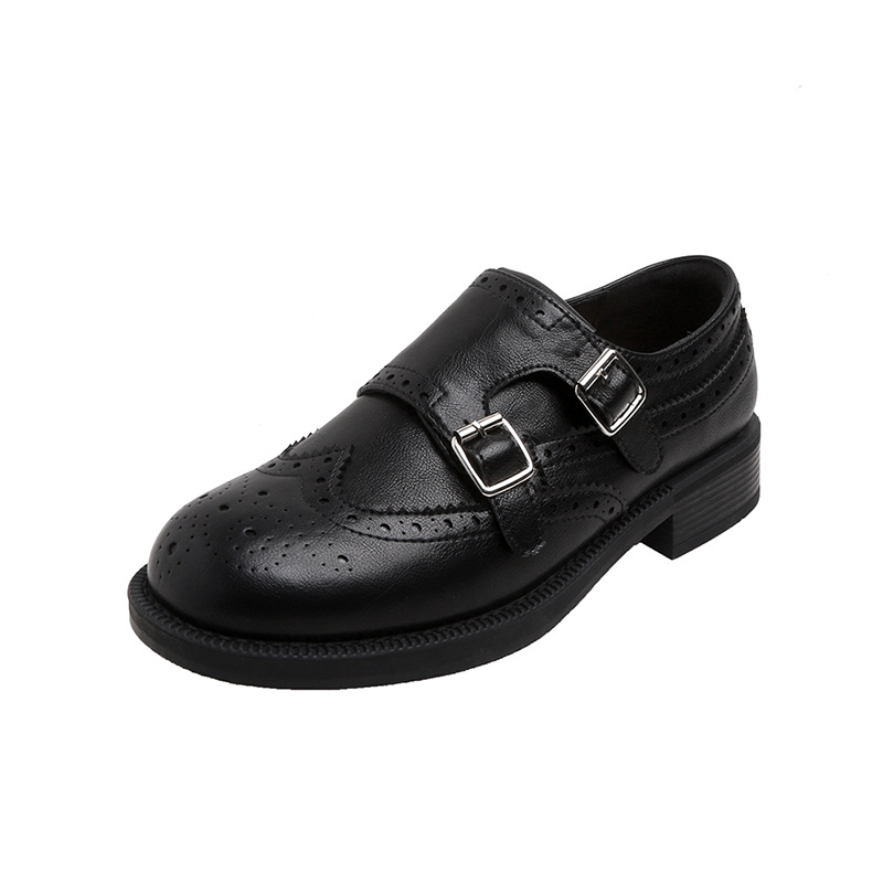Nuevo estilo de otoño e invierno Hatton College~zapatos de cuero de charol arrugado con doble hebilla, punta redonda, tacón grueso, estilo británico versátil para mujer