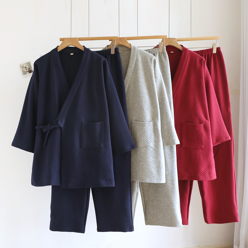 Japanese-Style Autumn and Winter Men's Kimono Pajamas, Pure Cotton Air Layer Quilted Cotton Oversized Loungewear Two-Piece Set 100kg