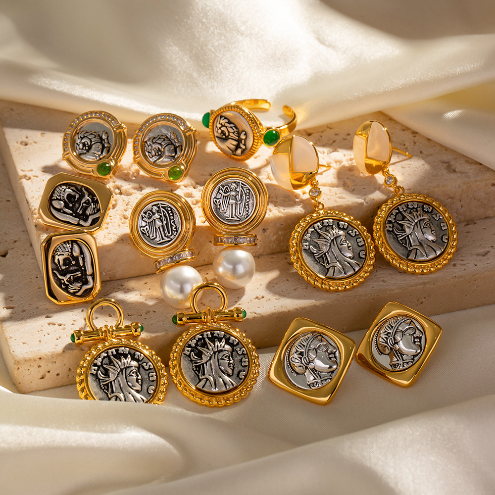 Retro Portrait Copper Inlay Artificial Pearls Zircon Drop Earrings Ear Studs