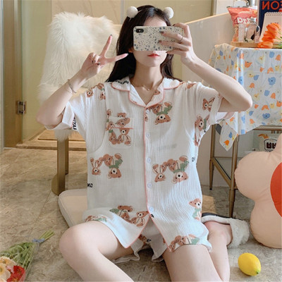 春夏季月子服短袖夏薄款純棉紗布孕婦哺乳睡衣吸汗産後棉紗兩件套
