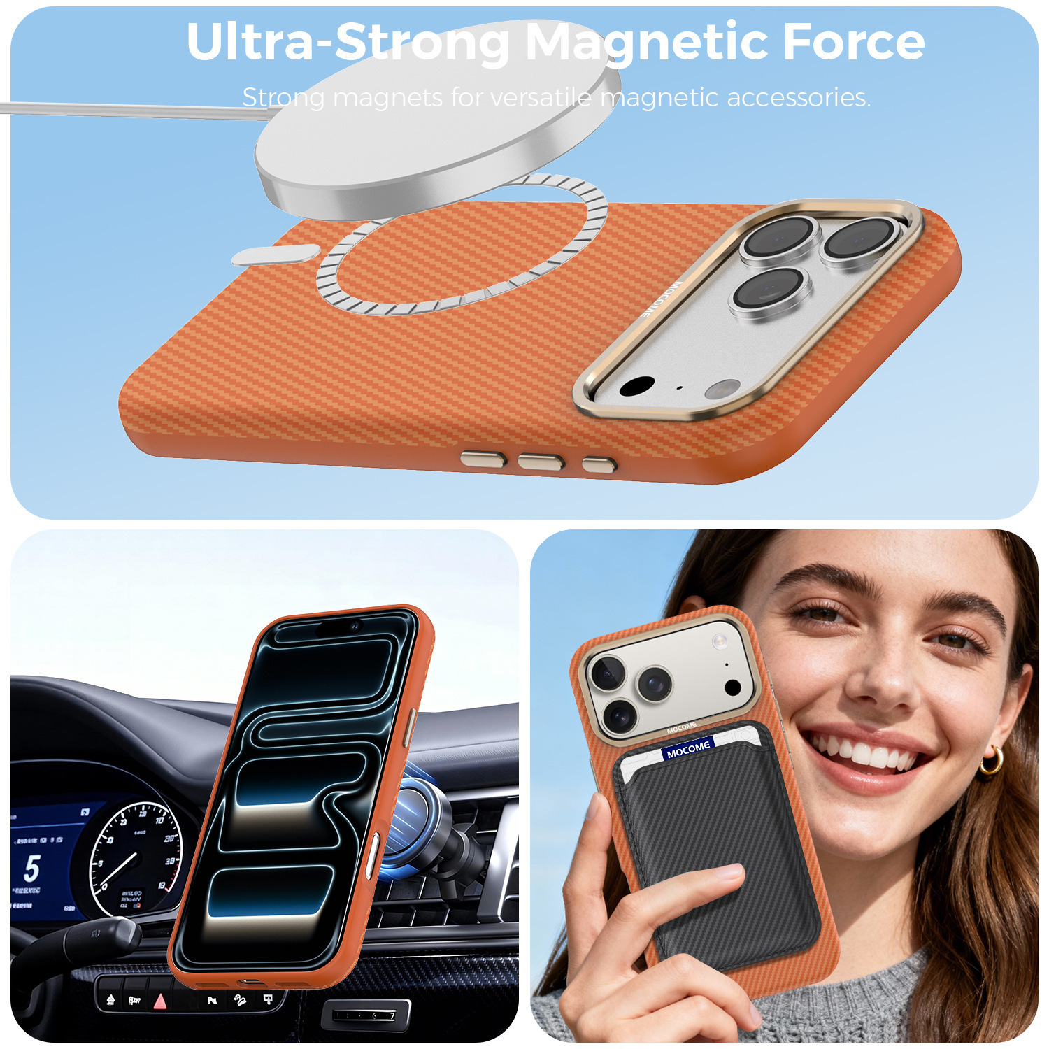 Ốp lưng iPhone chống sốc sợi Kevlar nam châm MagSafe vòng kim loại bảo vệ camera — Cam, Đen, Xám, Xanh đậm chi tiết 4