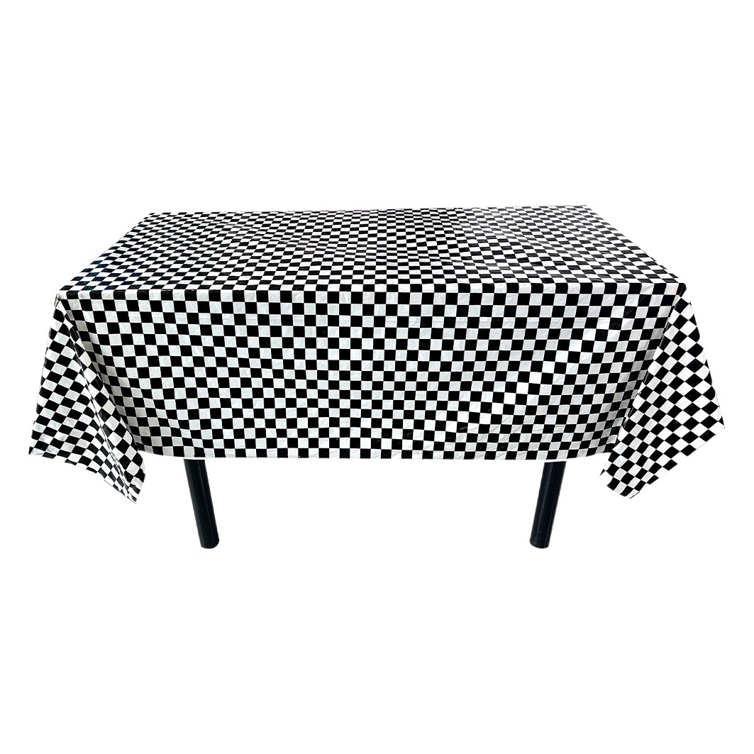 Suministros de decoración para fiestas de carreras, mantel desechable de peva engrosado con tablero de ajedrez, venta al por mayor, mantel impermeable, PE a cuadros blanco y negro