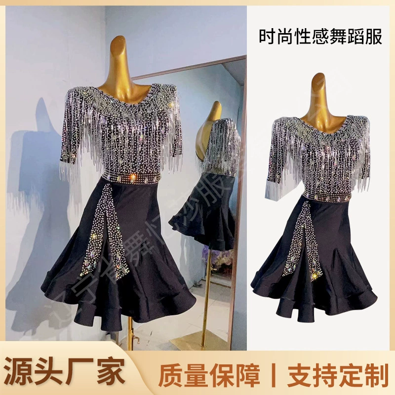 Новое национальное стандартное платье для латиноамериканских танцев для взрослых, костюм для выступлений по румбе и ча-ча, танцевальное платье с бахромой и стразами