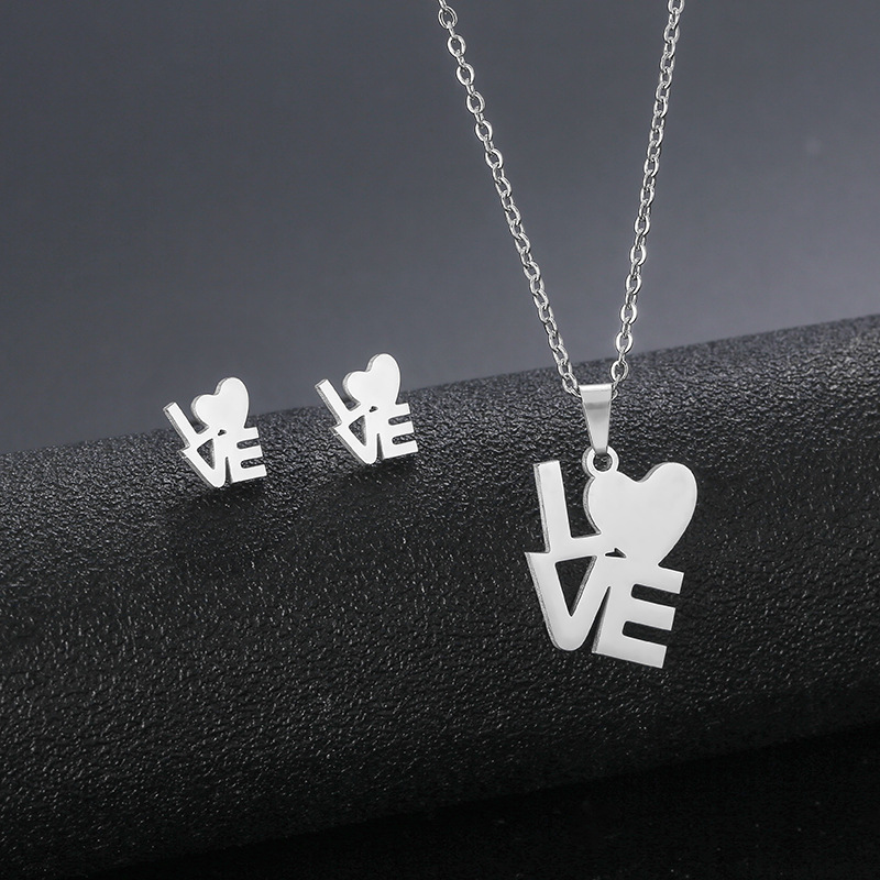Love Necklace Womenu0027s Simple European and American Style Letter Pendant Earings Set Stainless St