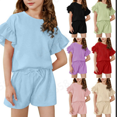 Middle and Large Children's Summer Thin Pure Color Casual Sports Ruffled Short-Sleeved Round Neck Top + Shorts Two-Piece Set