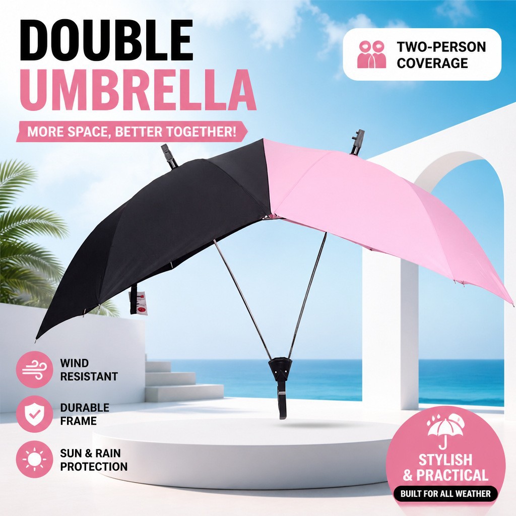 Double-person umbrella, a novel and creative umbrella design, featuring an automatic double-canopy system, color-blocked design, and a long handle for added stability and increased size