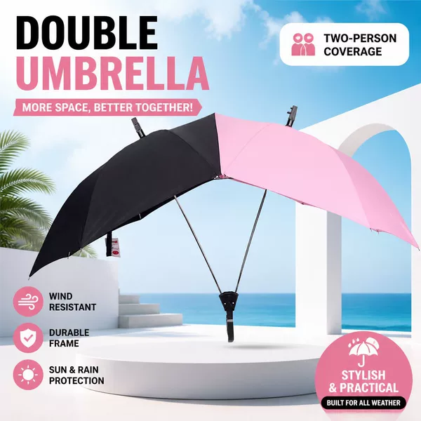 Double-person umbrella, a novel and creative umbrella design, featuring an automatic double-canopy system, color-blocked design, and a long handle for added stability and increased size