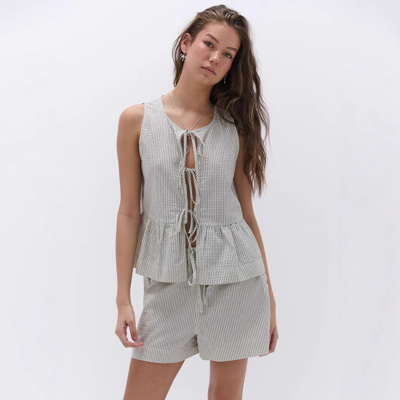 European and American Foreign Trade Women's 2025 Summer New Plaid Lace-up Cardigan Vest Shorts Fashion Casual suit Women