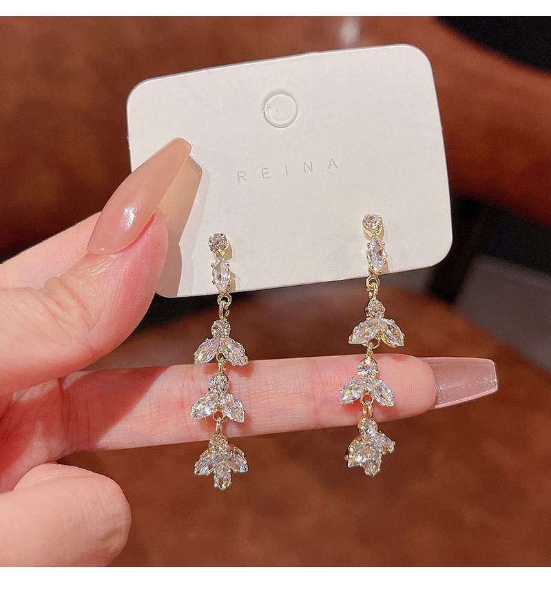 Elegant Leaves Copper Inlay Zircon Earrings 1 Pair