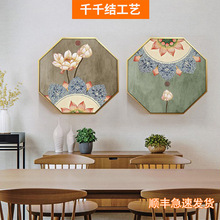 新中式八边形装饰画餐厅沙发背景挂画禅意中国风花鸟荷花支持定制