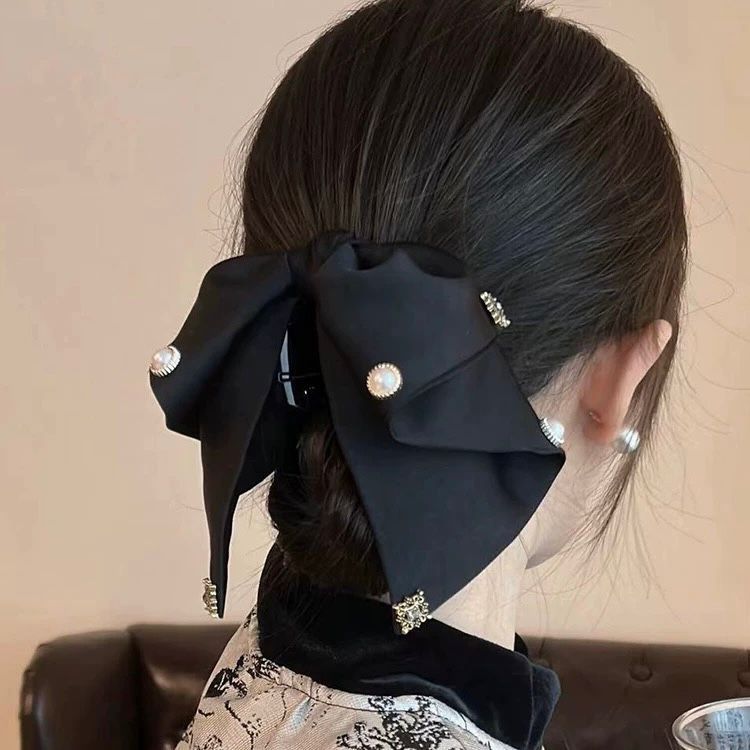 女性用レトロサテンリボンクリップ、ハイエンド、エレガント、ローポニーテールクリップ、後頭部クリップ、ヘアピン|undefined