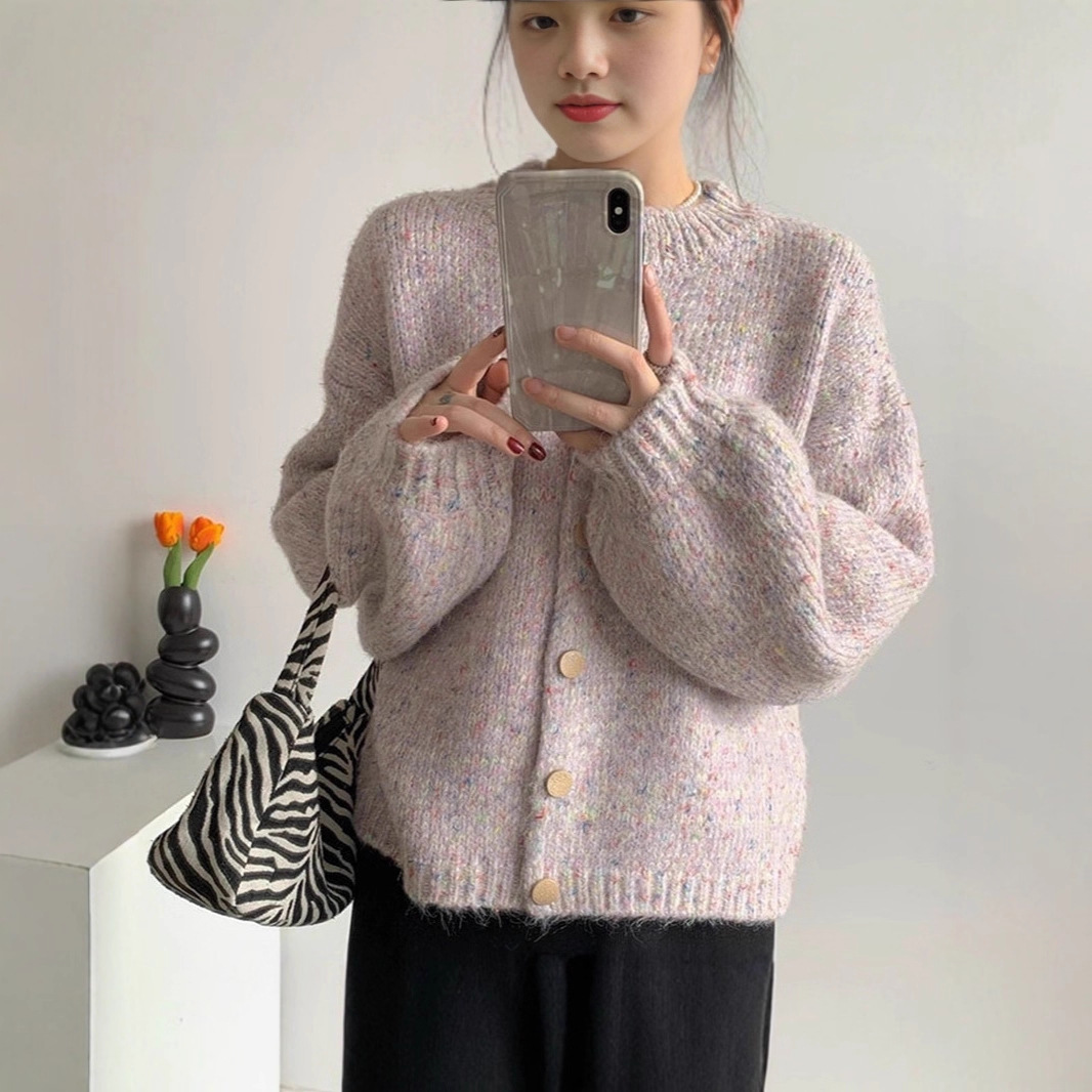여성 라운드넥 루즈핏 보카시 니트 가디건 벌룬소매 데일리