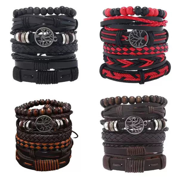 Cross-border new European and American retro style variety of in stock life tree wooden beads beaded multi-layer diy6 set men's bracelet