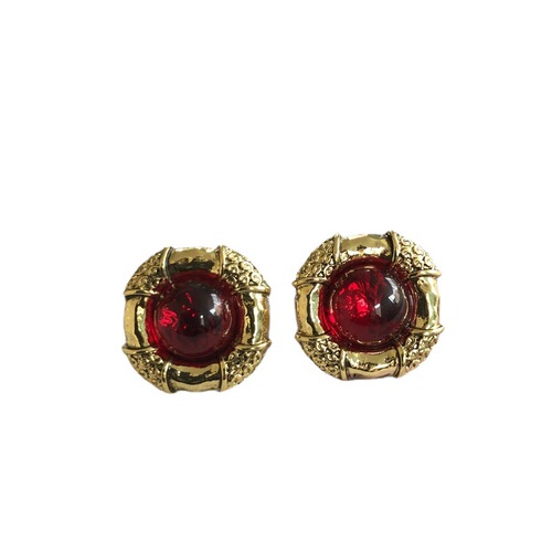Electroplated real gold carved pattern earrings retro palace women's Hong Kong style 925 silver needle earrings colorful gemstone earrings