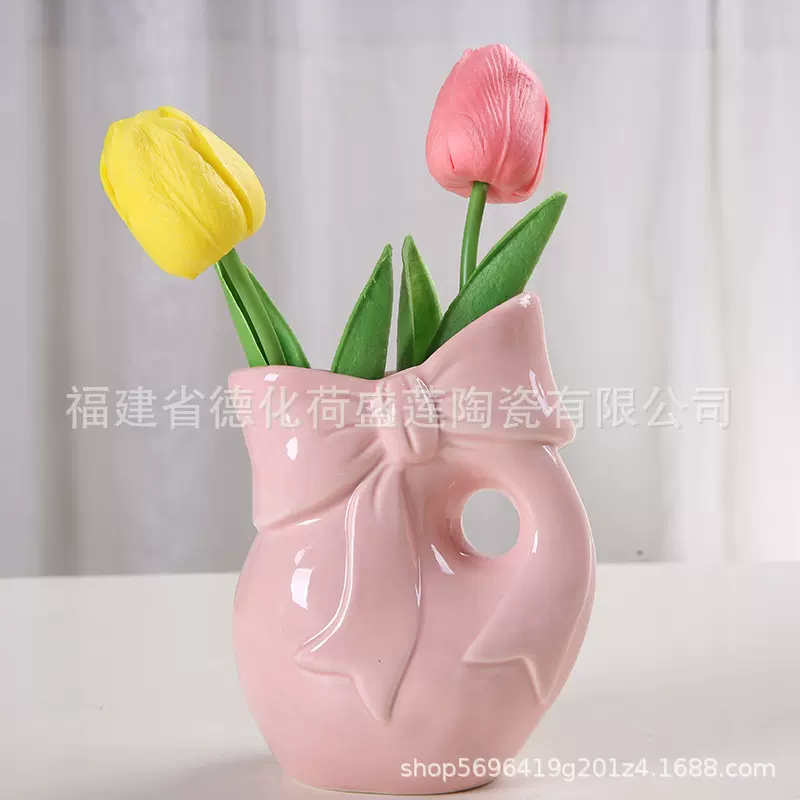 亚马逊北欧创意简约小花插桌面饰品花瓶 客厅电视柜蝴蝶结摆件
