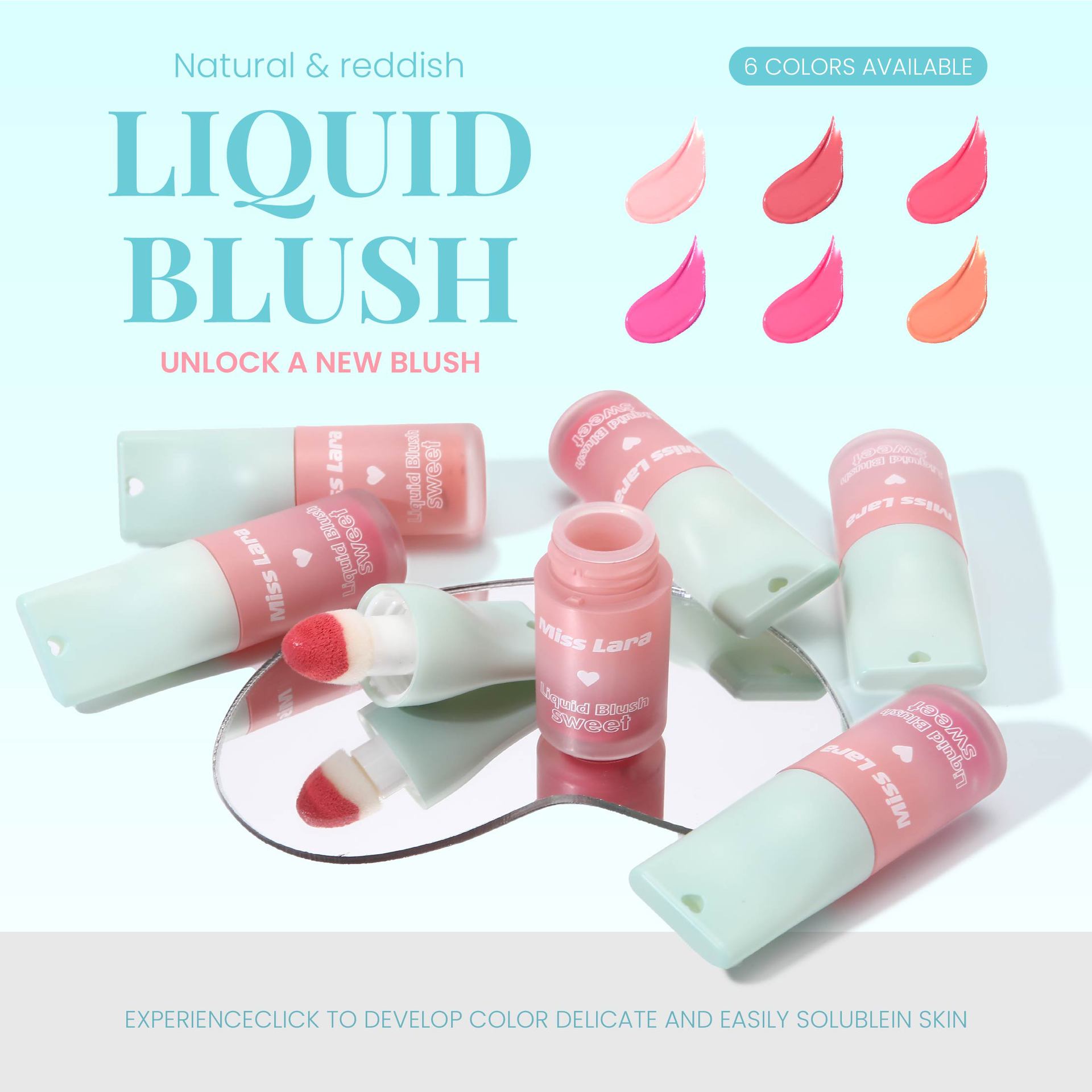 Rubor Líquido MissLara con Aplicador de Esponja, Macaron, 6 Colores, Ligero, Natural, Iluminador, Maquillaje Transfronterizo