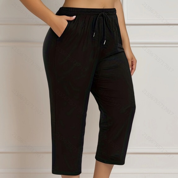 Cross-border Amazon Cropped Pants Women's Plus Size Cropped Pants Yoga Pants Wide Leg Casual Casual Pants with Pocket